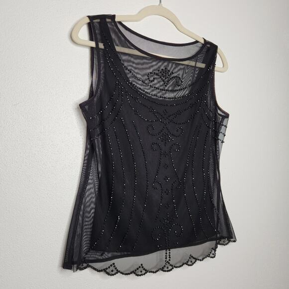 Vintage 90s Beaded Mesh Black Tank Top Fairy Whimsy Witchy Goth Shirt - Picture 2 of 6